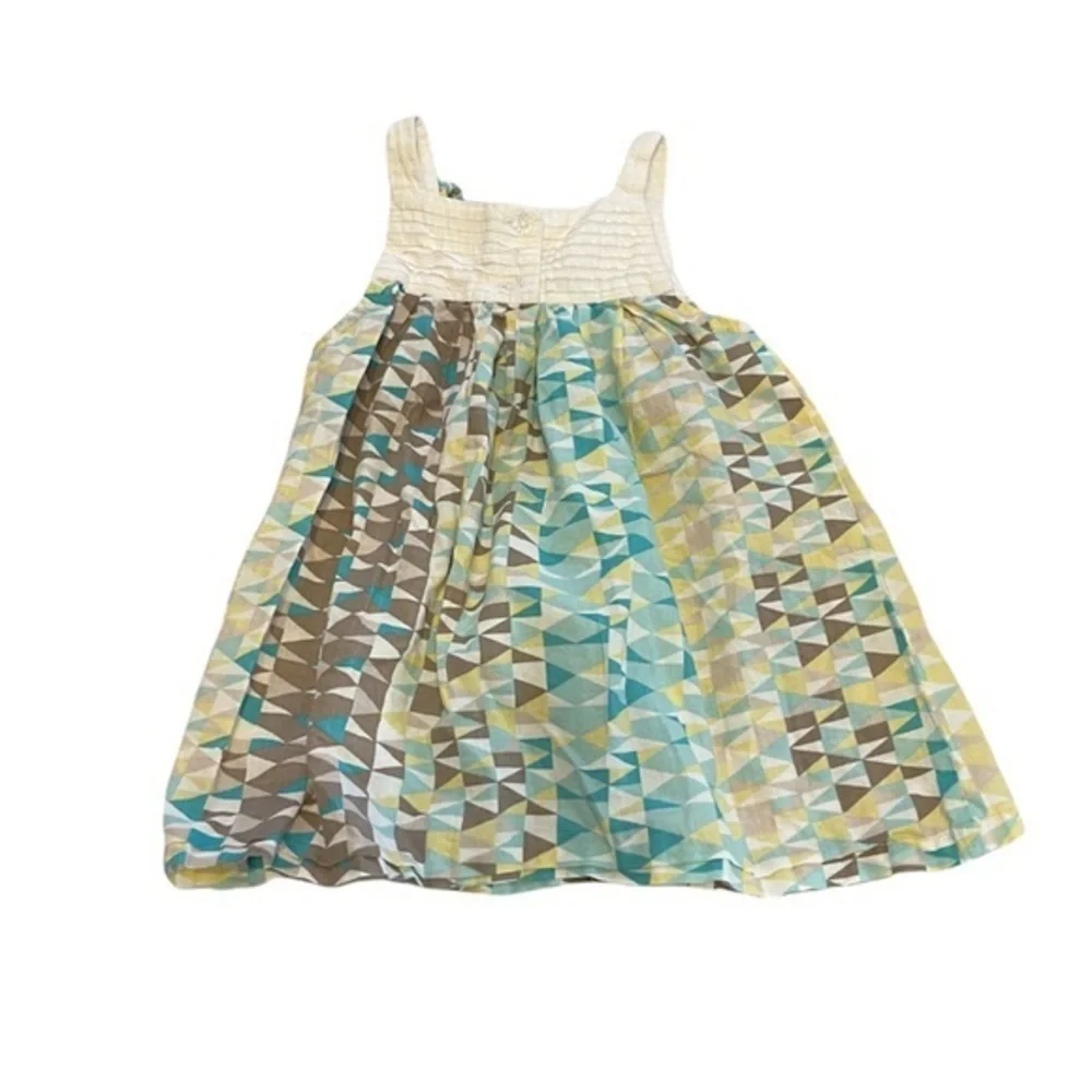 Rim Zim 3T blue/yellow/white/brown geometric 100% cotton A line sleeveless dress